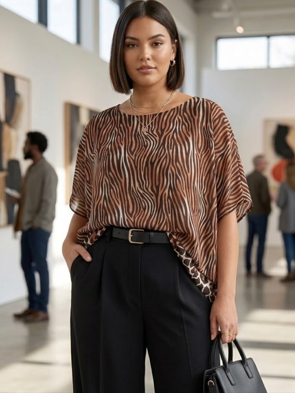 Multiples Black and Brown Mix Animal-Print Layered Hem Short Sleeve Tunic